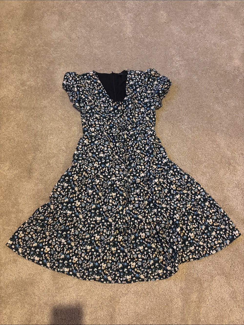 Black Floral Tiered Short Sleeve Dress with Blue & Cream Flowers
